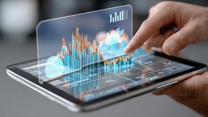 Analyzing the Data: A close-up view of a person's hand interacting with an augmented reality interface, displaying a vibrant data visualization of market trends. - Powered by Adobe
