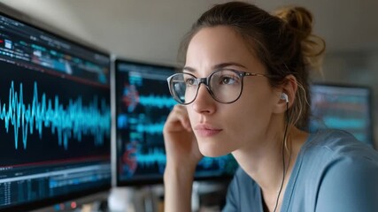 Focused Editor: An editor deeply engrossed in her work, meticulously reviewing audio waveforms on multiple screens, her concentration intense and focused.