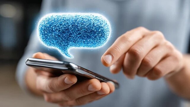 Digital Communication: A close-up shot of hands interacting with a sleek smartphone, a vibrant speech bubble floating above, signifying seamless digital communication.