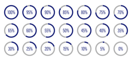 Template of dark blue and gray color fill pie charts indicator. Circle diagrams icons for infographics from 100 to 0 percent. Set of round graph loading progress. Blue progress bars. Round percentage 