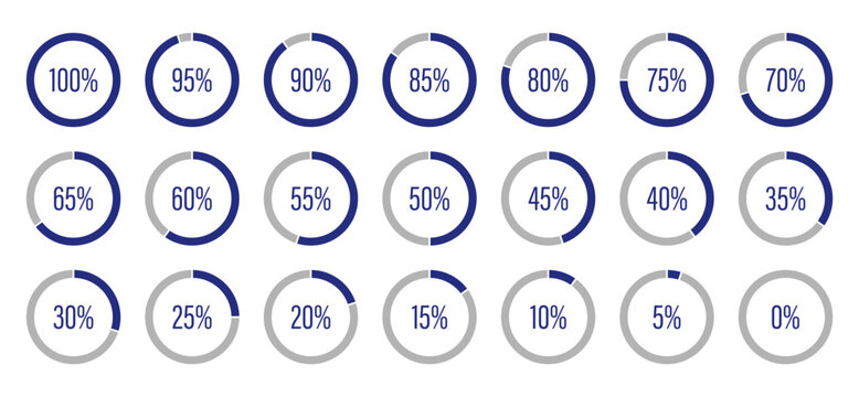Template of dark blue and gray color fill pie charts indicator. Circle diagrams icons for infographics from 100 to 0 percent. Set of round graph loading progress. Blue progress bars. Round percentage 