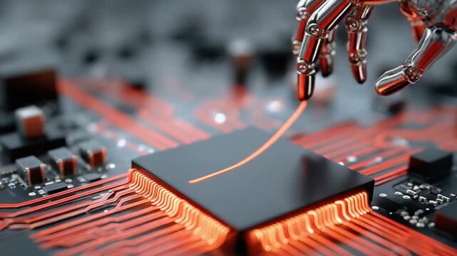 Future Tech: A gleaming robotic hand interacts with a cutting-edge computer chip, symbolizing technological advancement and the evolution of digital innovation.