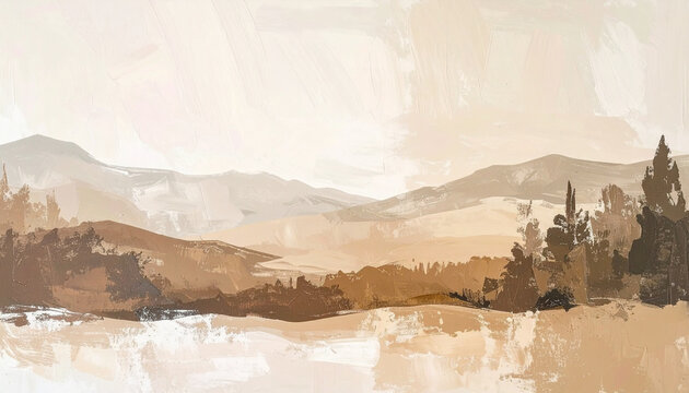 Abstract beige, white and brown acrylic painting on canvas, natural landscape with mountains