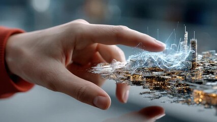 Touch of Innovation: A close-up showcases a hand gently interacting with a miniature cityscape, symbolizing technological advancements and futuristic visions. This depicts human interaction with tech.