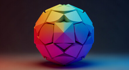 Stunning digital art piece featuring a vibrant, multifaceted geometric sphere with a radiant rainbow color spectrum, rendered in 3D against a sleek dark background
