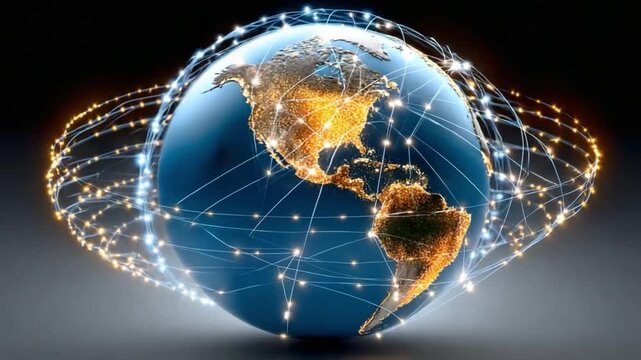 Global Connections: A digitally rendered globe, illuminated and encircled by a network of interconnected points, symbolizes global communication and the digital age.