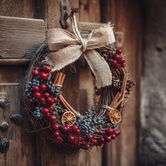 rustic christmas wreath with berries, cinnamon sticks, and burlap bow
