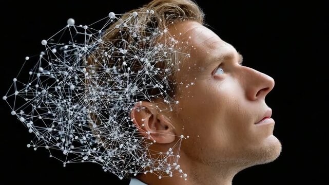 Mindscape: A striking portrait of an individual with an intricate network of interconnected nodes emanating from their mind, symbolizing the complexity and potential of thought.