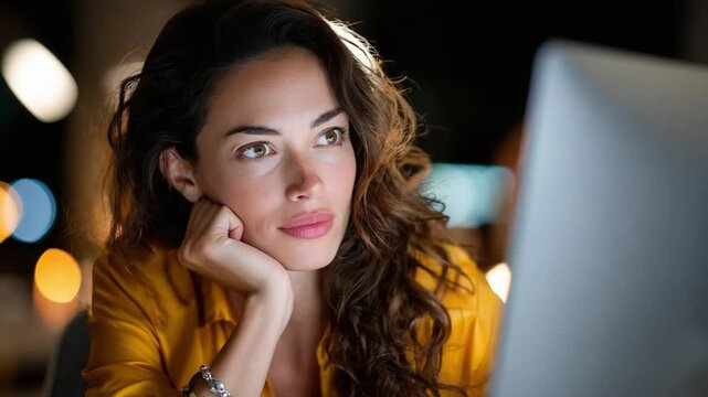 Focused Thought: A woman is immersed in deep thought, her gaze fixed on the computer screen. This image shows concentration and serious thinking.