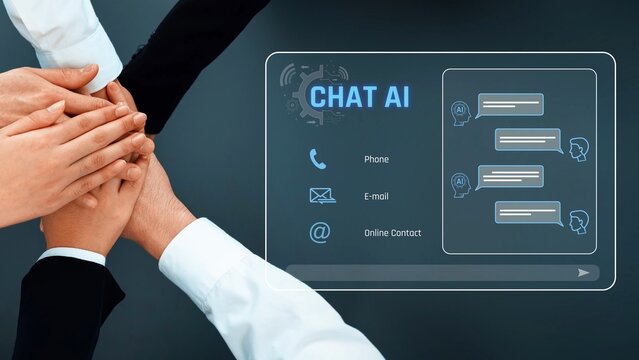 Multiple hands come together in a collaborative effort, showcasing a modern chat AI interface that promotes communication and digital support solutions. Raster