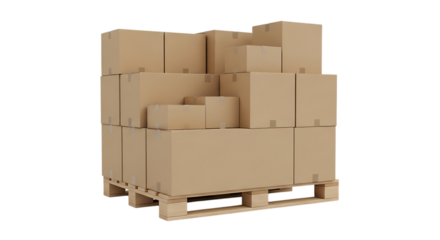 Stack of cardboard boxes on a wooden pallet, isolated on a transparent background, cutout, PNG