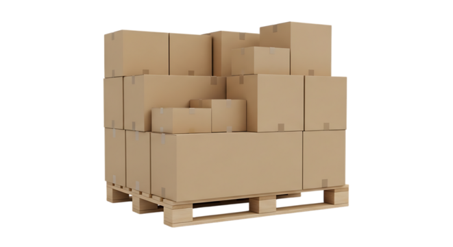 Stack of cardboard boxes on a wooden pallet, isolated on a transparent background, cutout, PNG