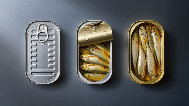 Opened tin cans with sardines arranged in oil on beige background, minimal food composition with metallic texture