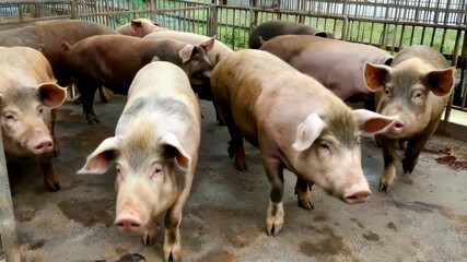 Group of Young Pigs in Pen at Farm.