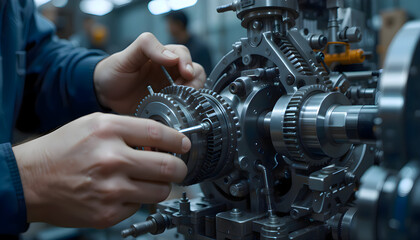 Man working on a machine in a factory, showing detailed industrial environment and mechanical parts, emphasizing technical skills and professional activity