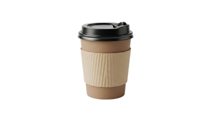Brown paper coffee cup with textured sleeve and black lid, isolated on a transparent background, cutout, PNG