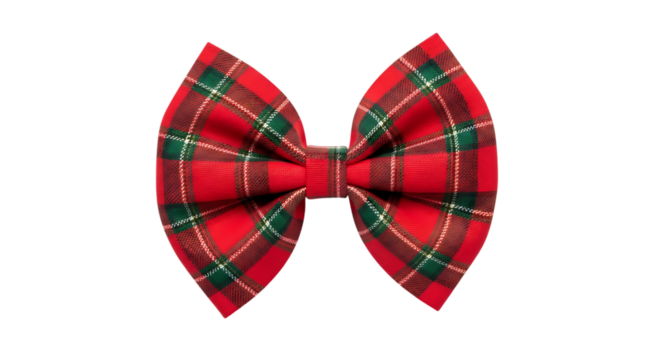 Red and green plaid bow tie with white accents, isolated on a transparent background, cutout, PNG