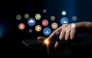 Set of business and digital service icons representing finance, cloud, analytics, email, communication, ecommerce, cybersecurity, and global connectivity in a modern ecosystem Latch