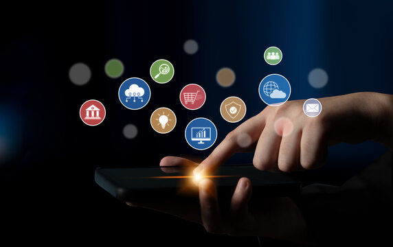 Set of business and digital service icons representing finance, cloud, analytics, email, communication, ecommerce, cybersecurity, and global connectivity in a modern ecosystem Latch