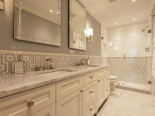 Modern bathroom interior in minimal scandinavian style, 3d render