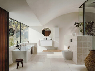 Modern bathroom interior in minimal scandinavian style, 3d render