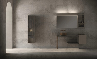 Modern bathroom interior in minimal scandinavian style, 3d render