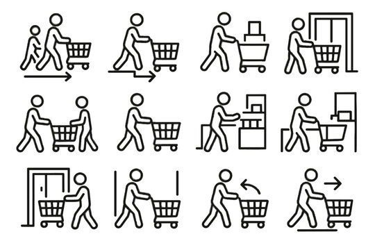 Rolling display vector icon adjusting following entering store passing cart corner icons