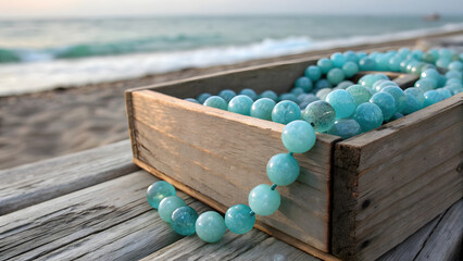 A rustic wooden box—its surface weathered by sun and salt, grain deepened to amber and driftwood-gray—overflows with dozens of smooth turquoise spheres,