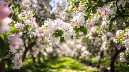 Fototapeta premium Apple trees flowering in an orchard, showcasing delicate white and pink blossoms with green foliage under bright springtime sun