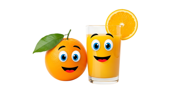 Cartoon orange fruit with a happy face next to a glass of orange juice with a slice garnish, isolated on a transparent background, cutout, PNG