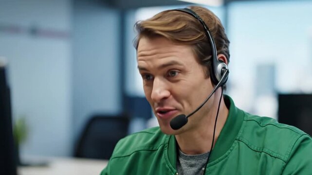Man smiling wearing a headset in an office setting with a green jacket and blurred background view video 4k