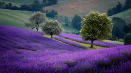 Fotobehang Pruimkleur Lavender fields blooming on rolling hills, creating a beautiful landscape with rich purple colors and lush green trees  © ArtPixel-Portfolio