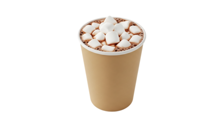 Paper cup filled with hot chocolate and topped with fluffy white marshmallows, isolated on a transparent background, cutout, PNG