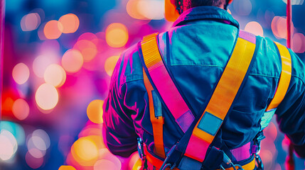 Dynamic back view of person in prominent yellow and pink safety harness, illuminated by vivid, blurred neon city lights creating captivating bokeh effect
