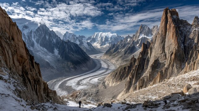 Hikers trekking the Mer de Glace glacier in the Chamonix Valley, surrounded by the towering Mont Blanc massif peaks