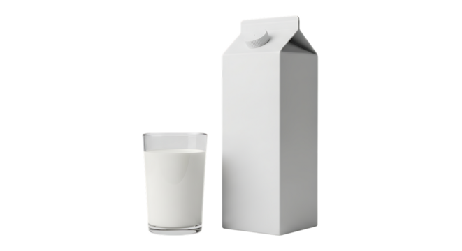 White milk carton and glass of milk side by side, isolated on a transparent background, cutout, PNG