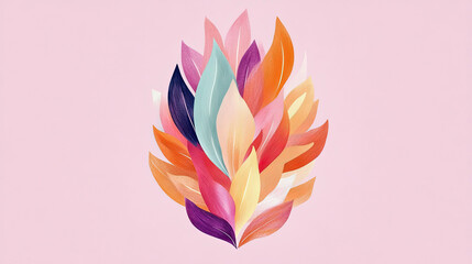 Fototapeta premium Artistic illustration featuring dense, upward-sweeping cluster of multifaceted, brightly colored leaf-like forms in diverse palette, set against smooth, soft pink background