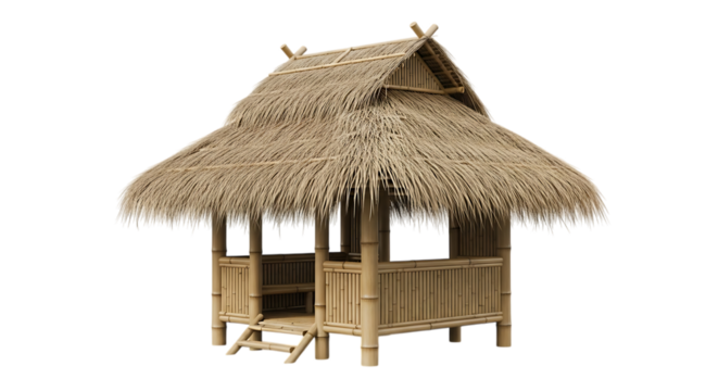 Traditional thatched roof hut made of bamboo with wooden steps, isolated on a transparent background, cutout, PNG