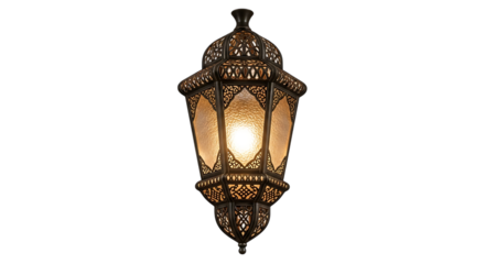 Ornate Moroccan Style Hanging Lantern with Frosted Glass Panels and Warm Light, isolated on a transparent background, cutout, PNG