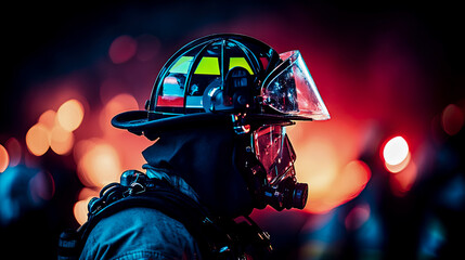 Dramatic side profile of brave firefighter in detailed helmet and protective gear, silhouetted against dark, atmospheric backdrop of glowing red and orange bokeh lights