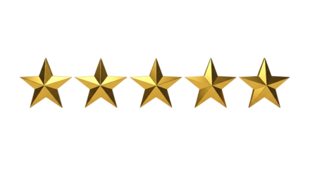 Five golden stars arranged in a horizontal line with subtle shading, isolated on a transparent background, cutout, PNG