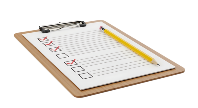 Wooden clipboard with checklist paper and yellow pencil with red checkmarks, isolated on a transparent background, cutout, PNG