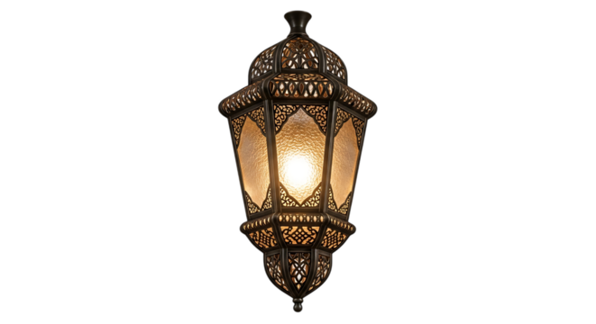 Ornate Moroccan Style Hanging Lantern with Frosted Glass Panels and Warm Light, isolated on a transparent background, cutout, PNG