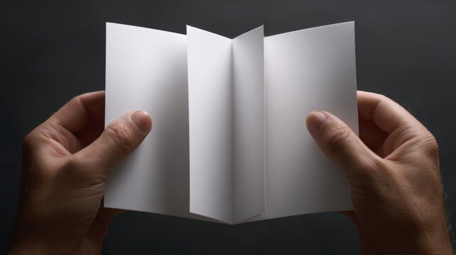 A Person Holding a Blank Tri-Fold Brochure with Both Hands Against a Dark Background, Ready for Creative Ideas or Content Insertion