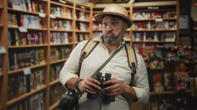 Man wearing pith helmet and backpack holding binoculars in a library among bookshelves, making a surprised puckered face; curiosity exploration.