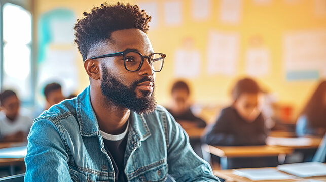 Focused young African American man with beard and glasses, wearing denim jacket, attentively observing in brightly lit, modern classroom setting with blurred students in background.