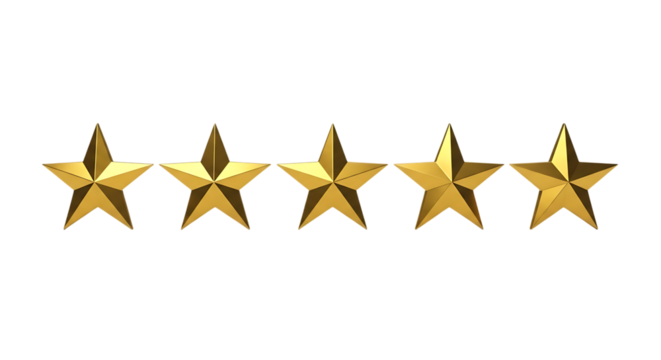 Five golden stars arranged in a horizontal line with subtle shading, isolated on a transparent background, cutout, PNG