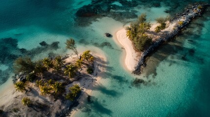 Obraz premium Aerial view showing a tropical island with sandy beaches, palm trees, and turquoise clear ocean water