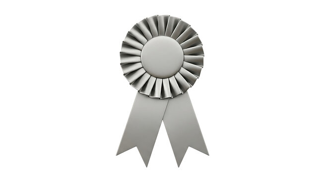 Silver rosette award ribbon with pleated fabric and two hanging tails, isolated on a transparent background, cutout, PNG