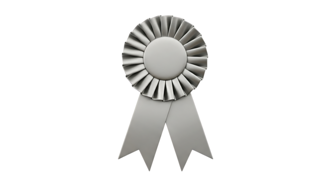 Silver rosette award ribbon with pleated fabric and two hanging tails, isolated on a transparent background, cutout, PNG